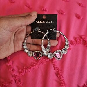 Dolls Kill Silver Hoop Earrings with Pink Heart